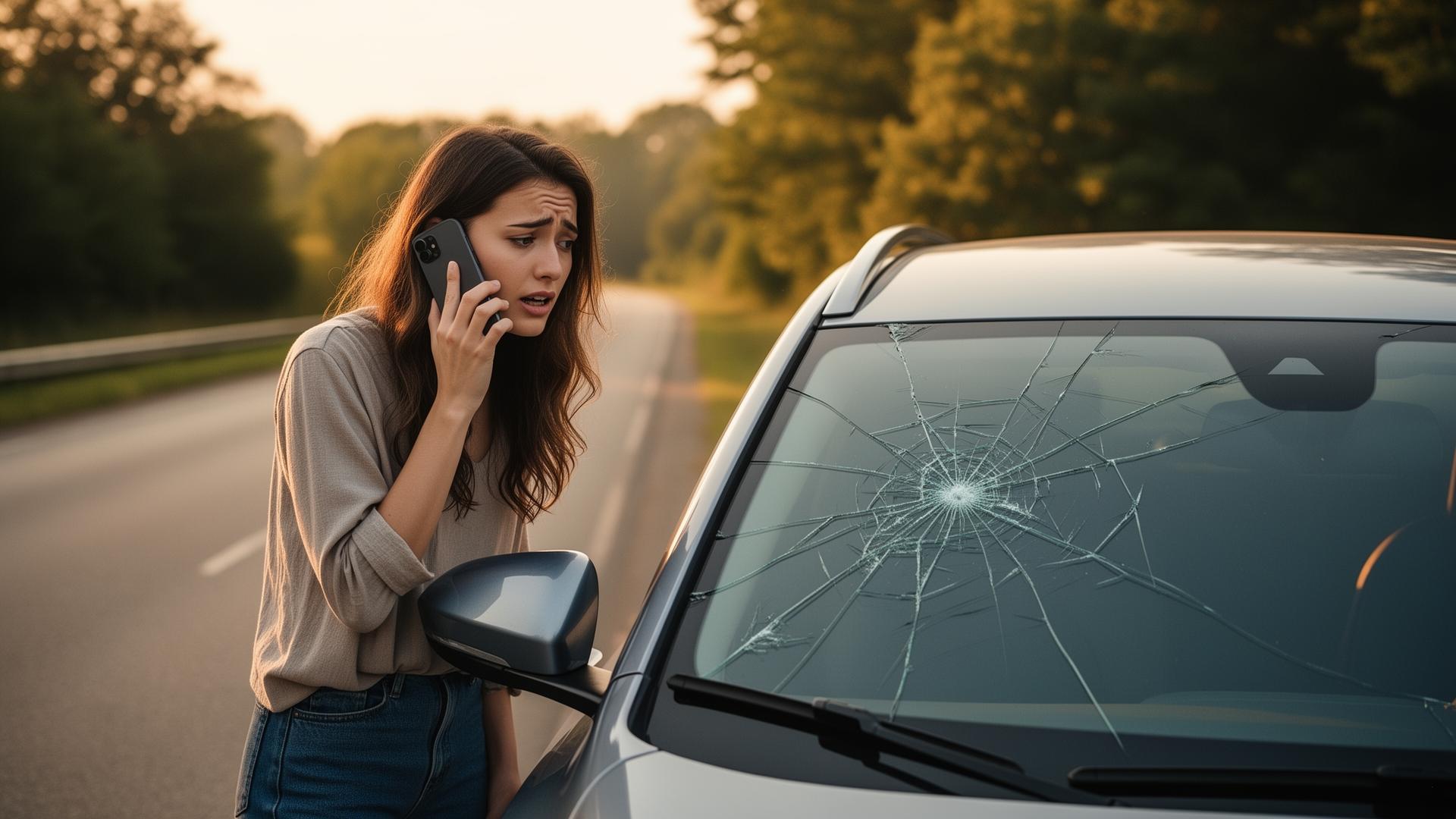 Person mit beschädigter Windschutzscheibe ruft den Autoglas-Notdienst